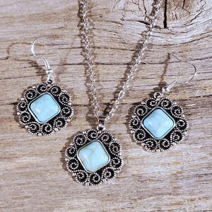 Filigree Rhombus Turquoise Blue Stone Silver Chain Necklace Earrings Jewelry Set